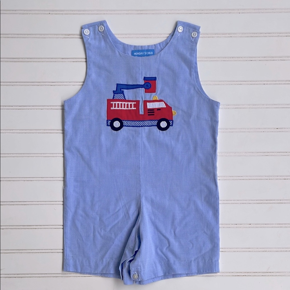 MONDAYS CHILD EUC Gingham Firetruck Embroidered Appliqué John John Romper